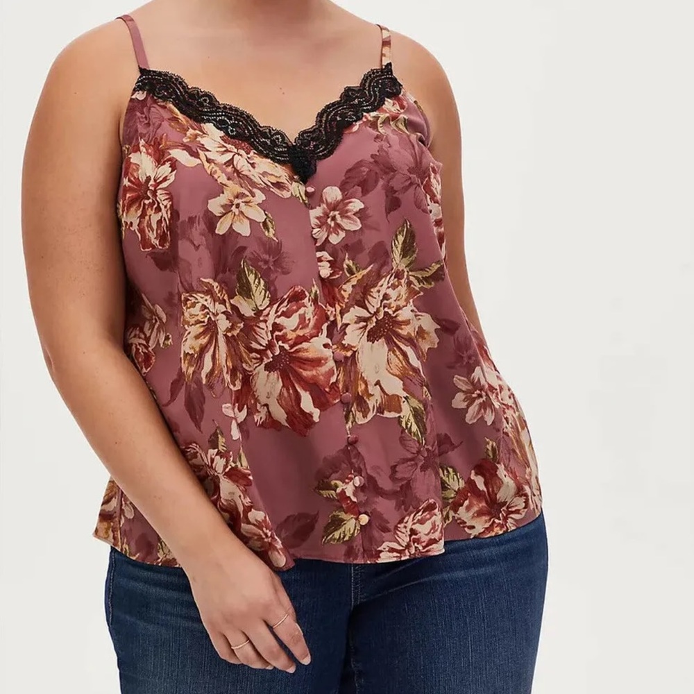Torrid Lace Button Cami V Neck Sleeveless Walnut Floral and Black Size 1
